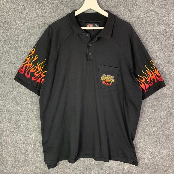 Vintage Harley Davidson Men’s Sz 3XL Black Polo‎ Fire Flames Sleeves graphic - Picture 1 of 7